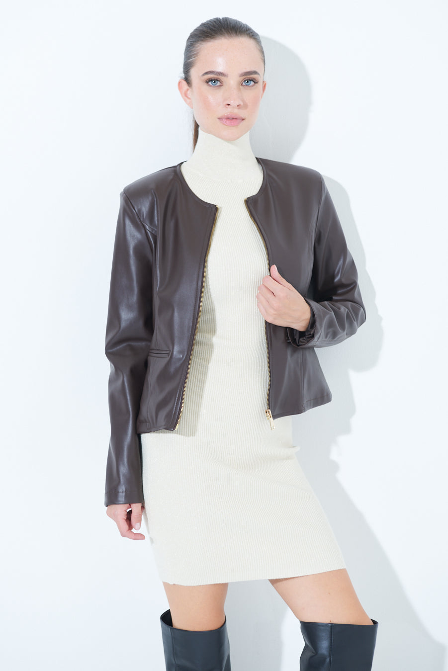 Woman in Sleek zip-up Chocolate Brown leather jacket