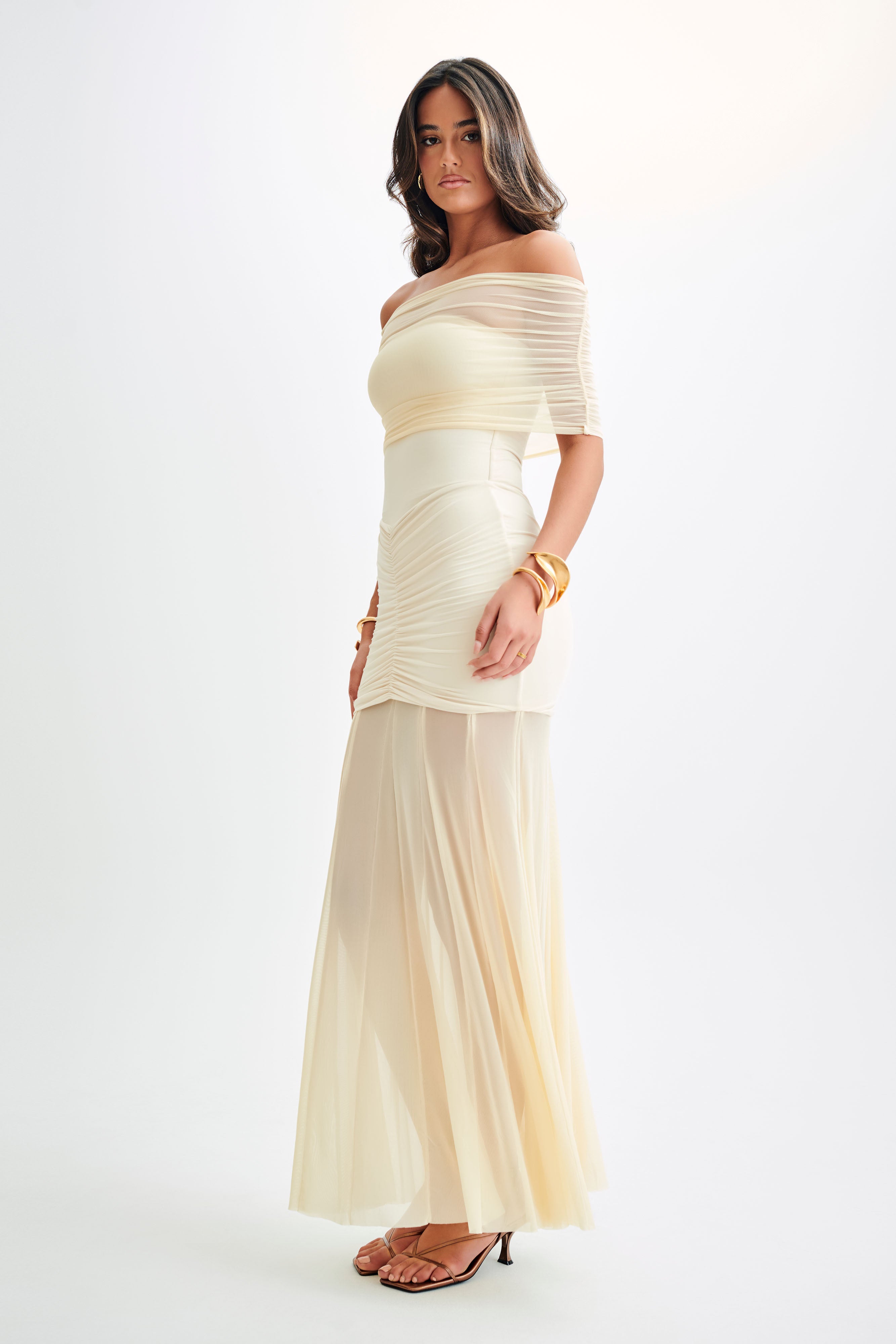 Claire | Slinky And Mesh Off Shoulder Maxi Dress - Ivory