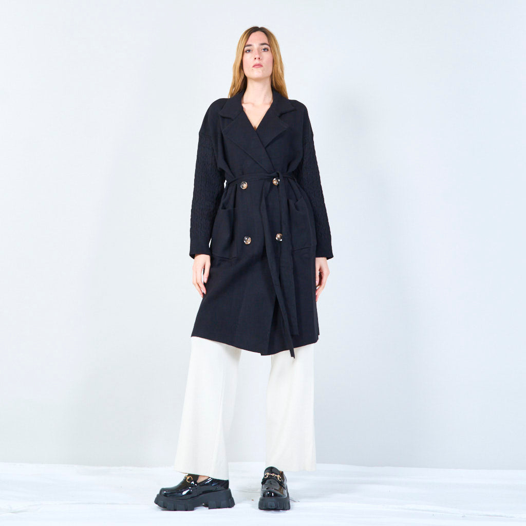 Lisanne | Long Belted Knit Coat With Textured Sleeves