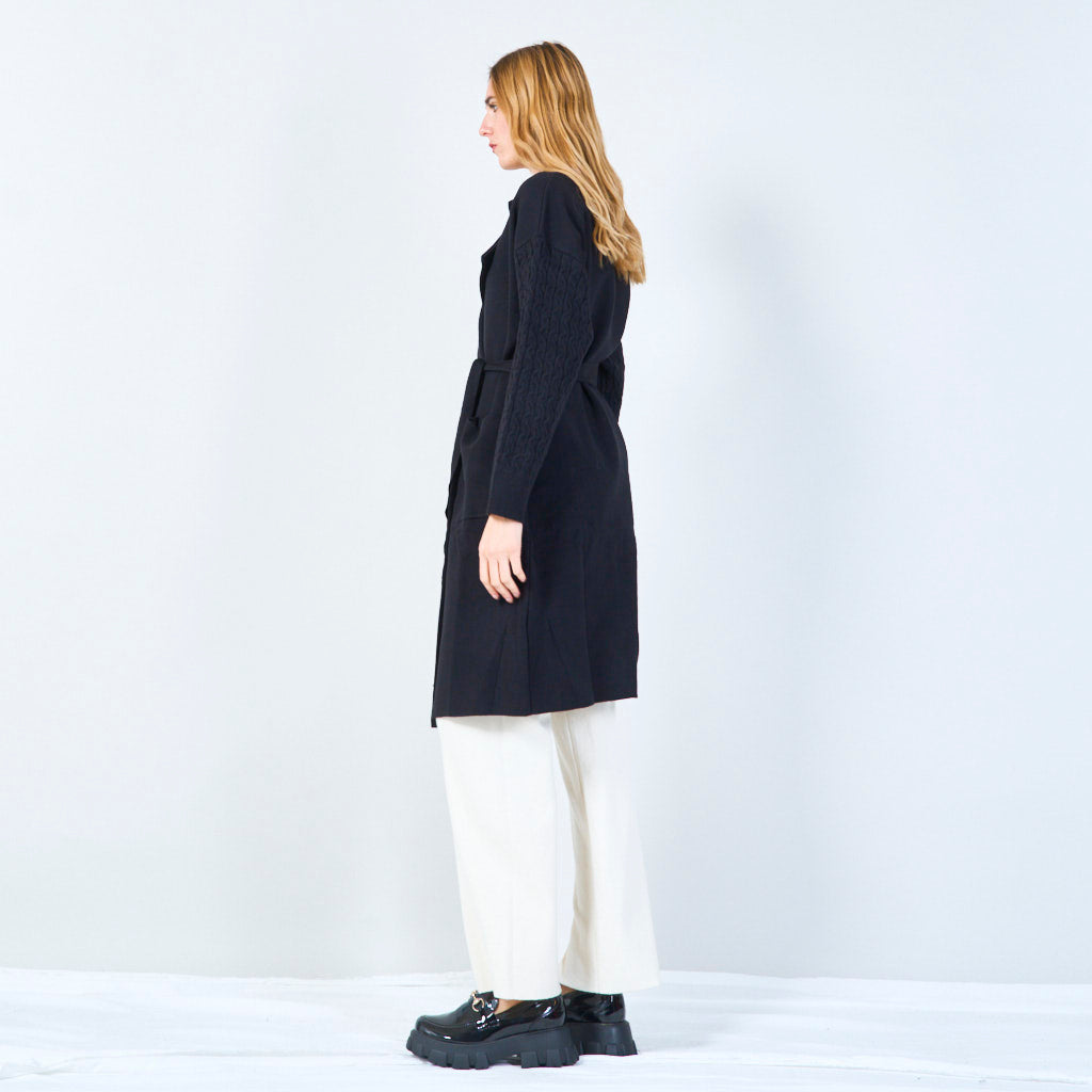 Lisanne | Long Belted Knit Coat With Textured Sleeves