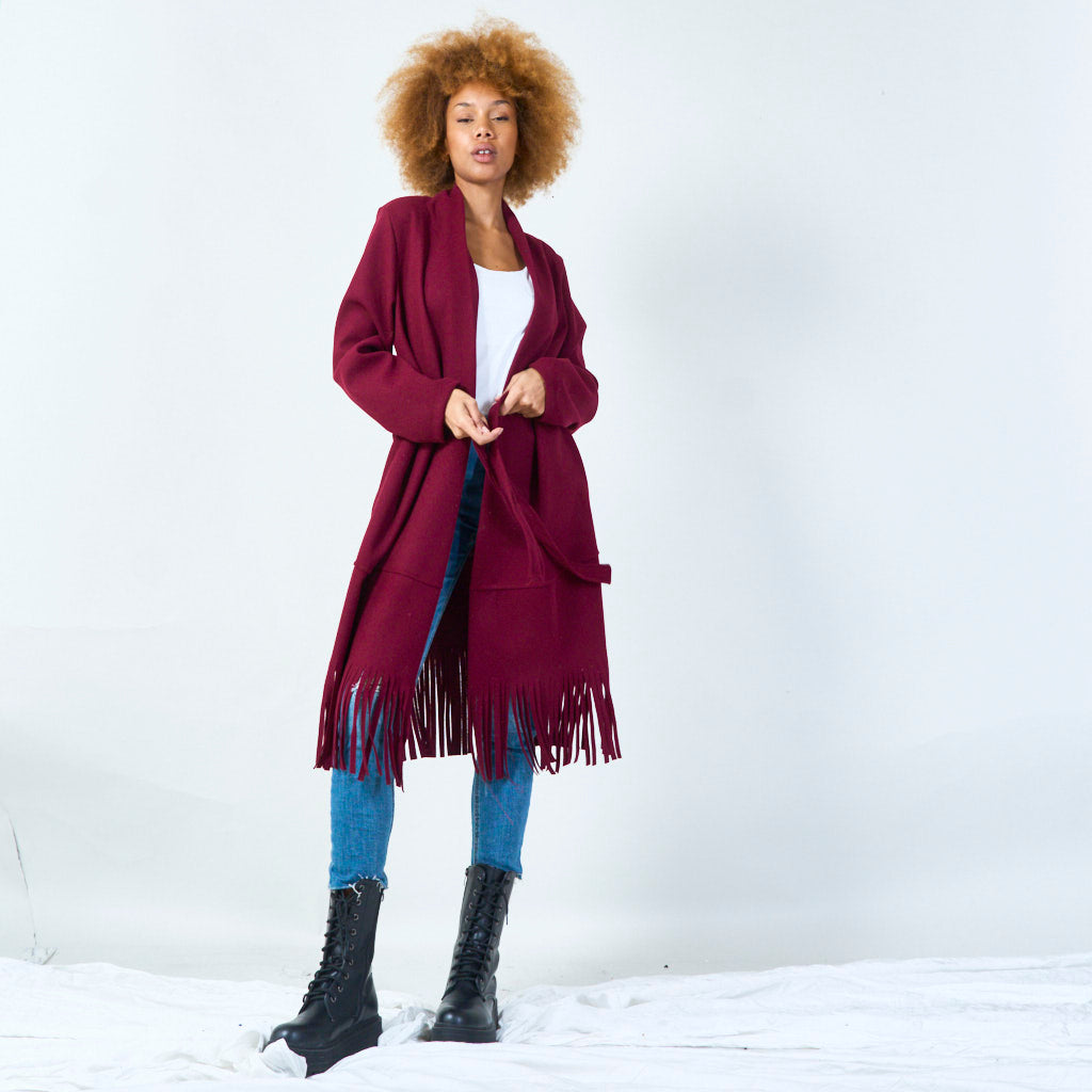 Elly | Elegant Belted Coat With Fringe Hem