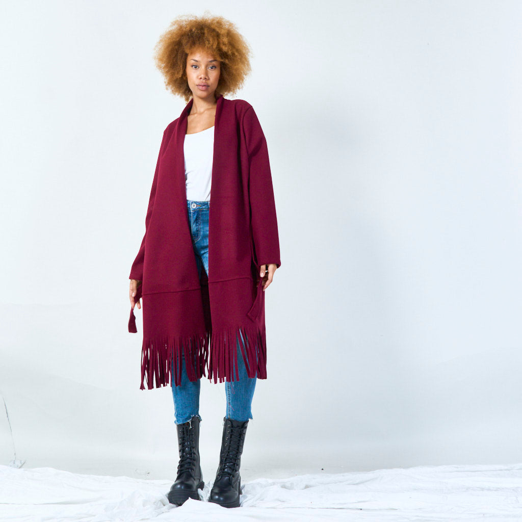 Elly | Elegant Belted Coat With Fringe Hem