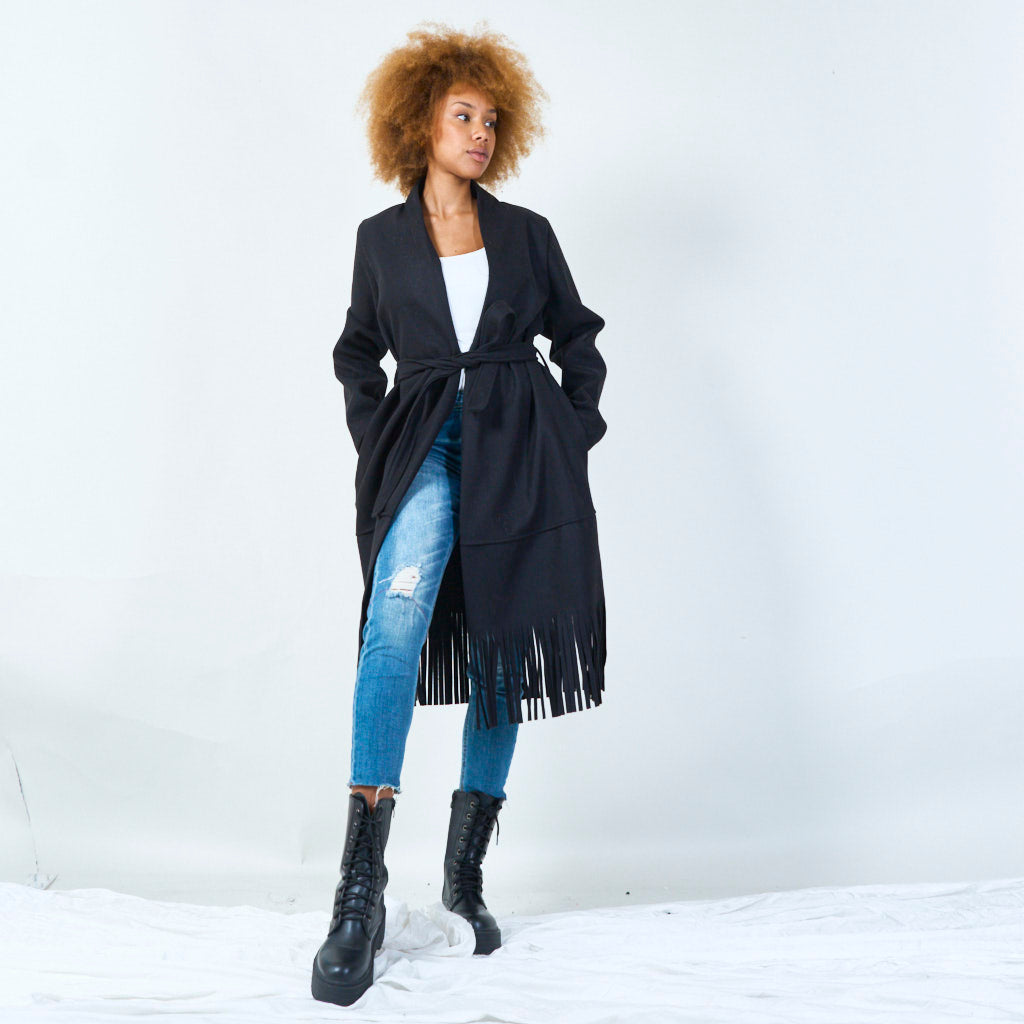 Elly | Elegant Belted Coat With Fringe Hem