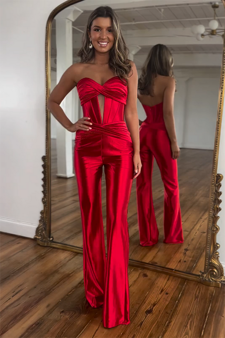 Terry | Strapless Corset Jumpsuit with Twisted Detail and Front Cutout Red/Green/Black