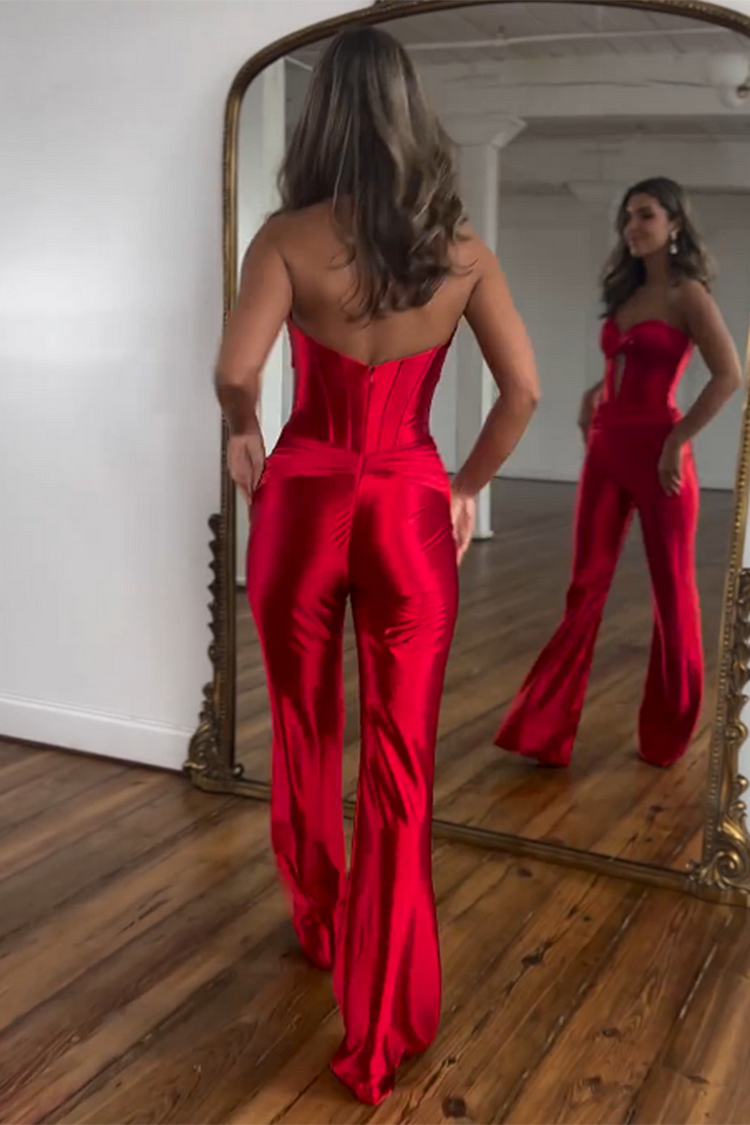 Terry | Strapless Corset Jumpsuit with Twisted Detail and Front Cutout Red/Green/Black