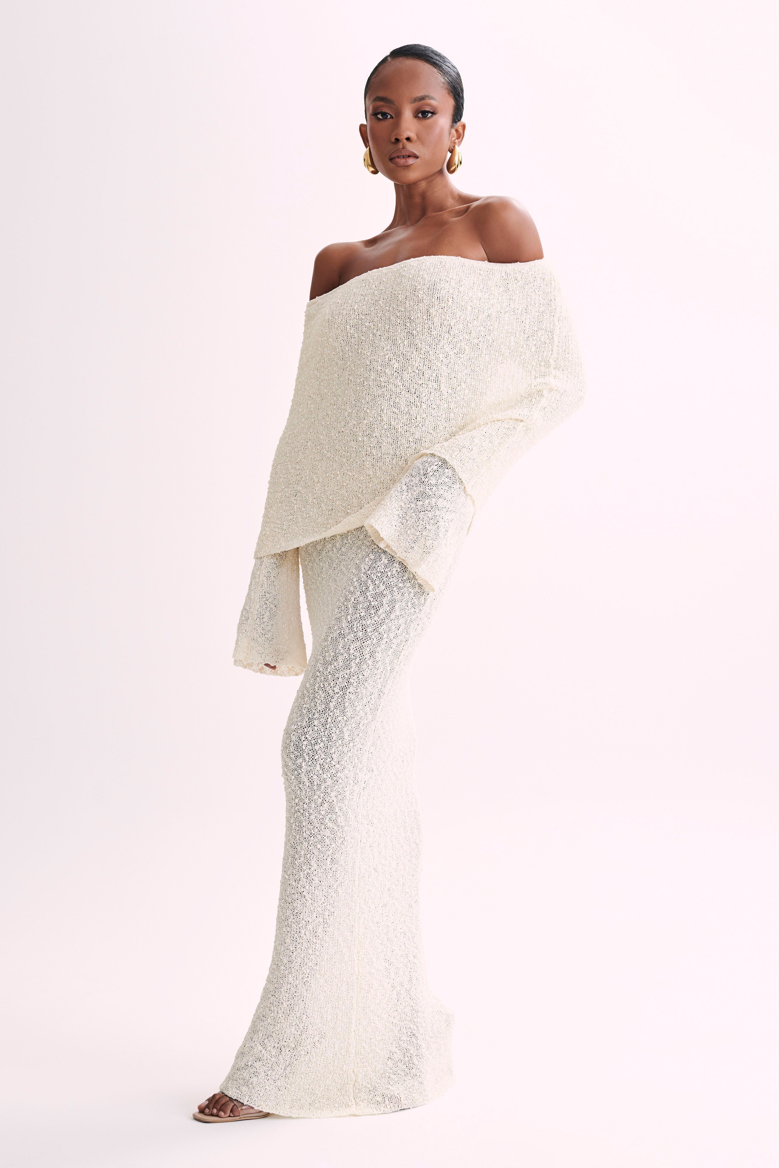 Mariana | Off Shoulder Boucle Maxi Dress - Ivory