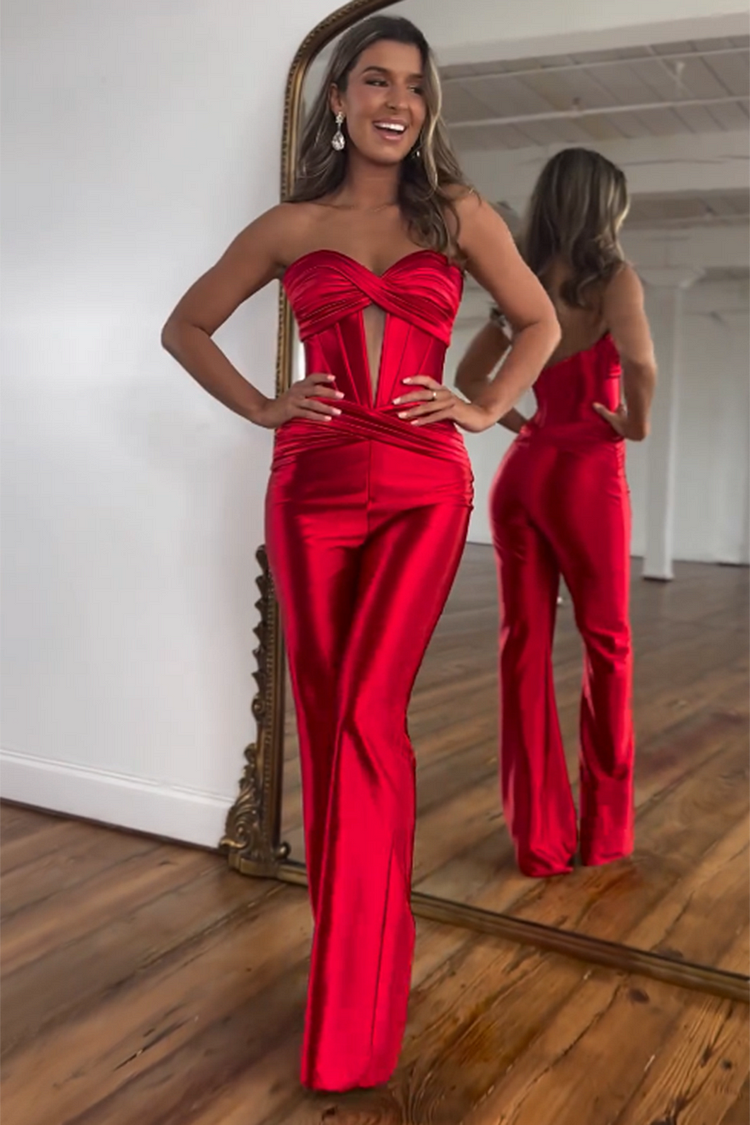 Terry | Strapless Corset Jumpsuit with Twisted Detail and Front Cutout Red/Green/Black