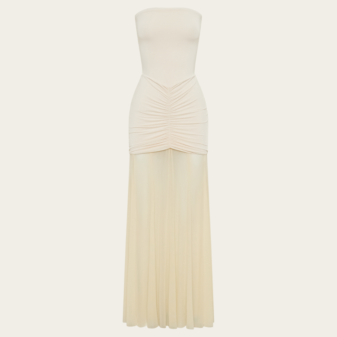 Claire | Slinky And Mesh Off Shoulder Maxi Dress - Ivory