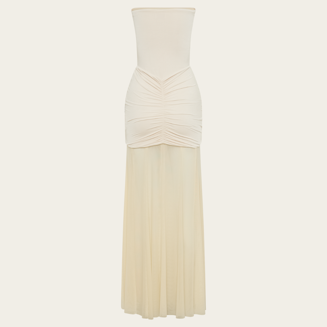 Claire | Slinky And Mesh Off Shoulder Maxi Dress - Ivory