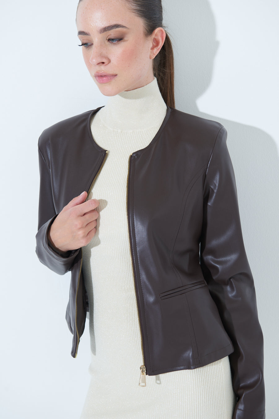 Woman  in Sleek zip-up Chocolate Brown leather jacket