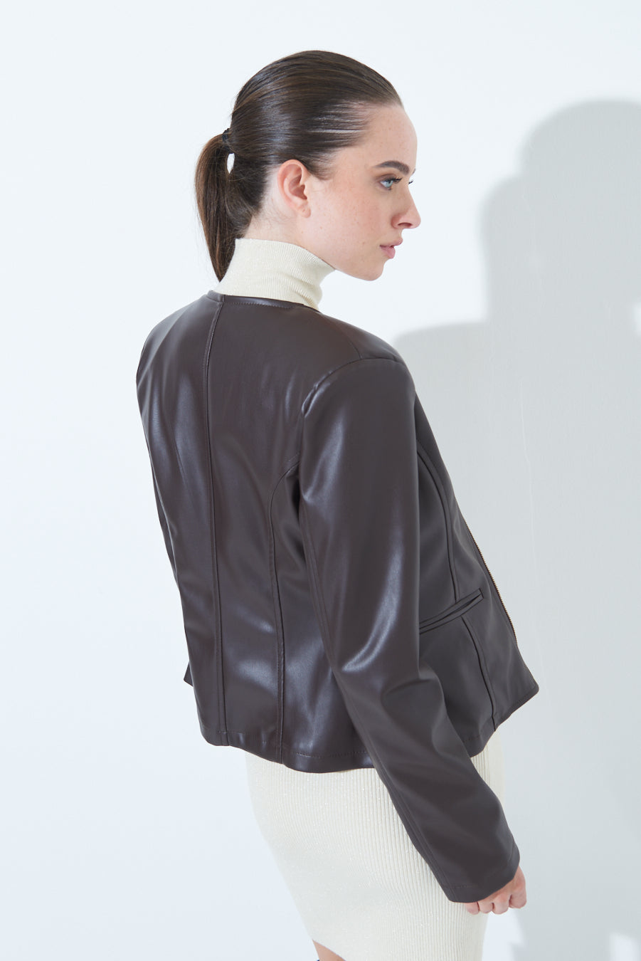 Woman  in Sleek zip-up Chocolate Brown leather jacket