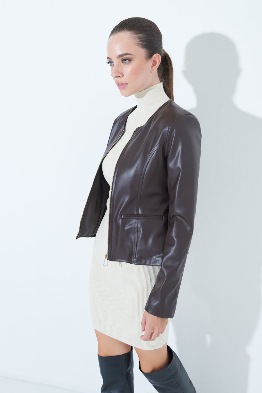 Woman  in Sleek zip-up Chocolate Brown leather jacket