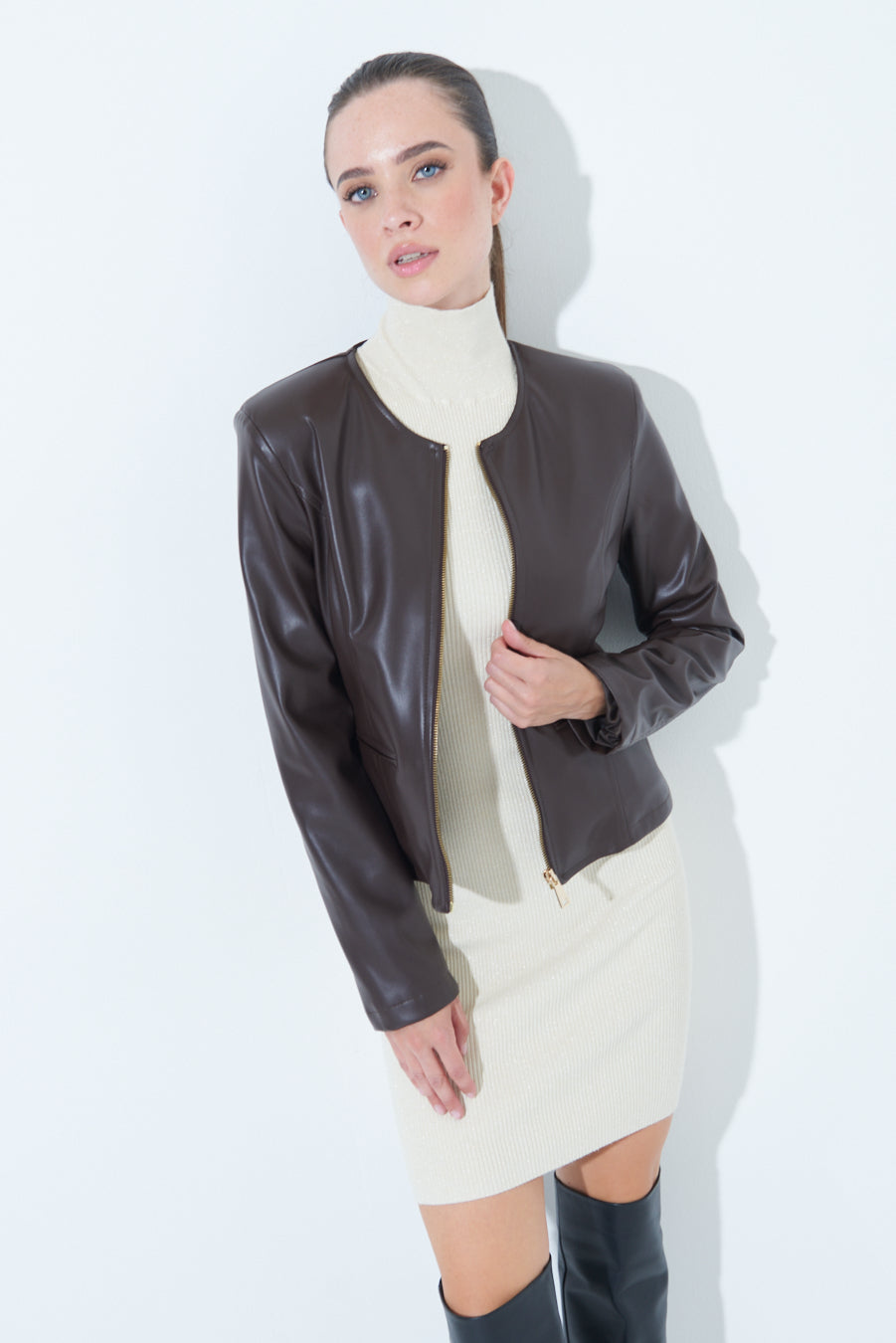 Woman  in Sleek zip-up Chocolate Brown leather jacket