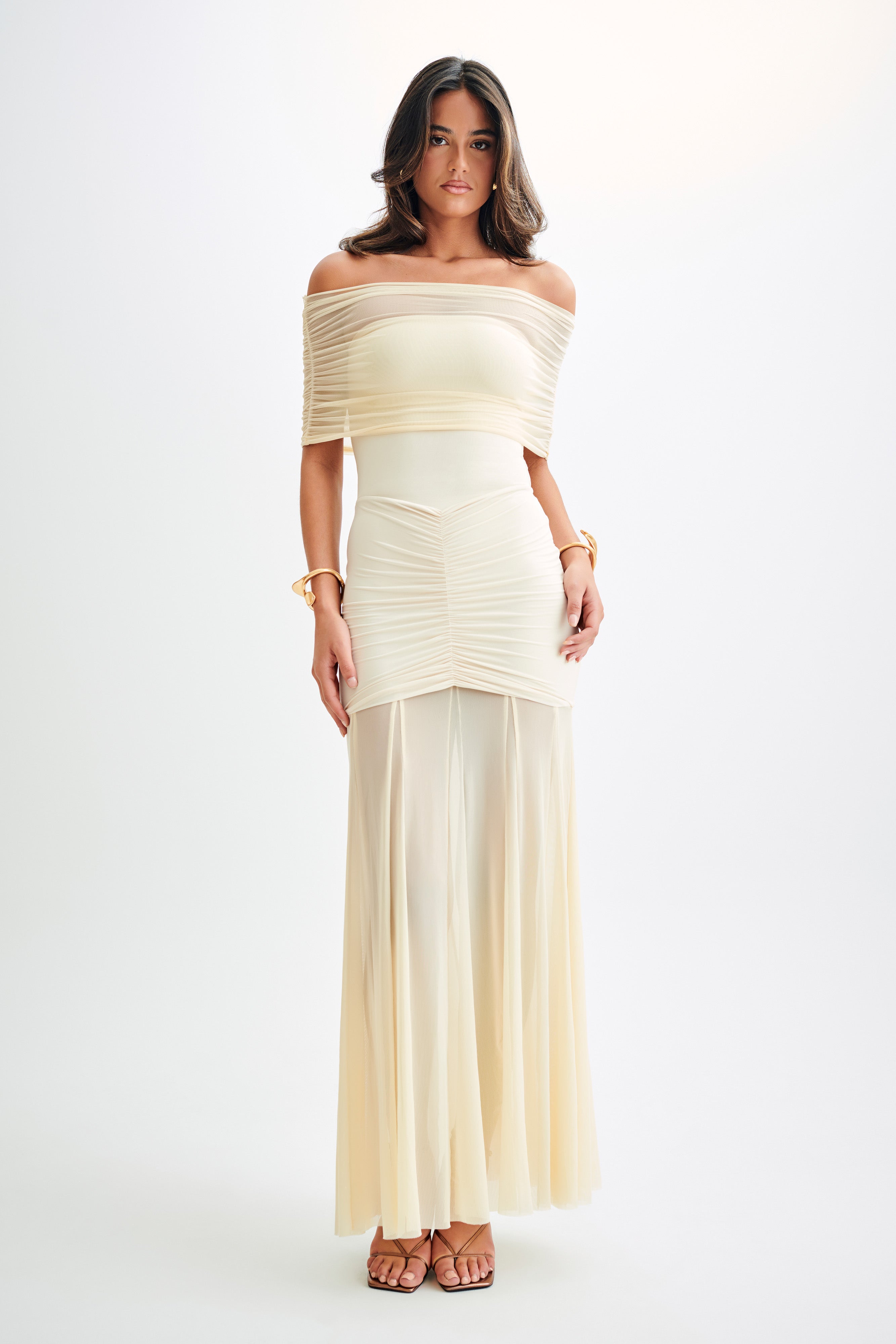 Claire | Slinky And Mesh Off Shoulder Maxi Dress - Ivory