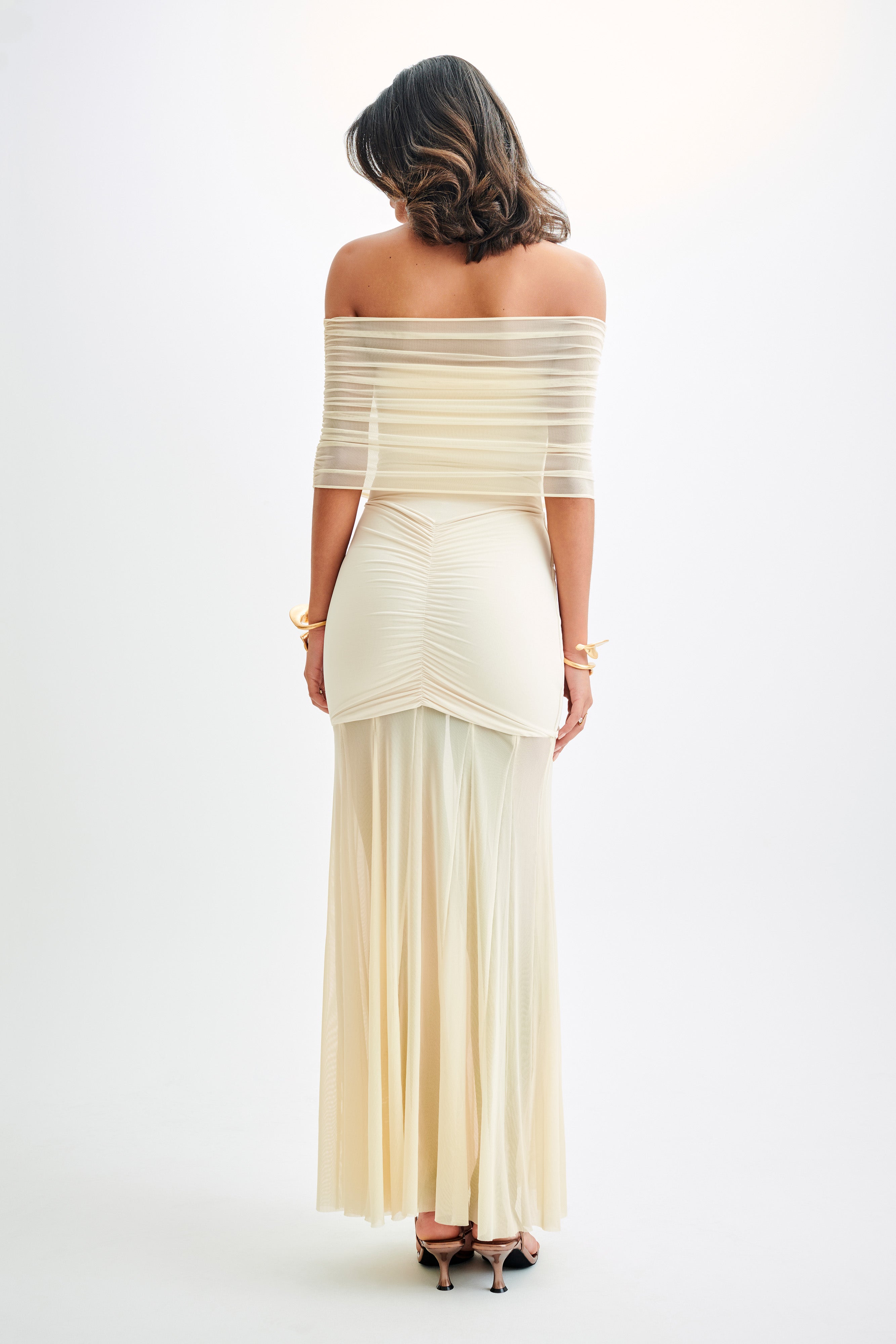 Claire | Slinky And Mesh Off Shoulder Maxi Dress - Ivory
