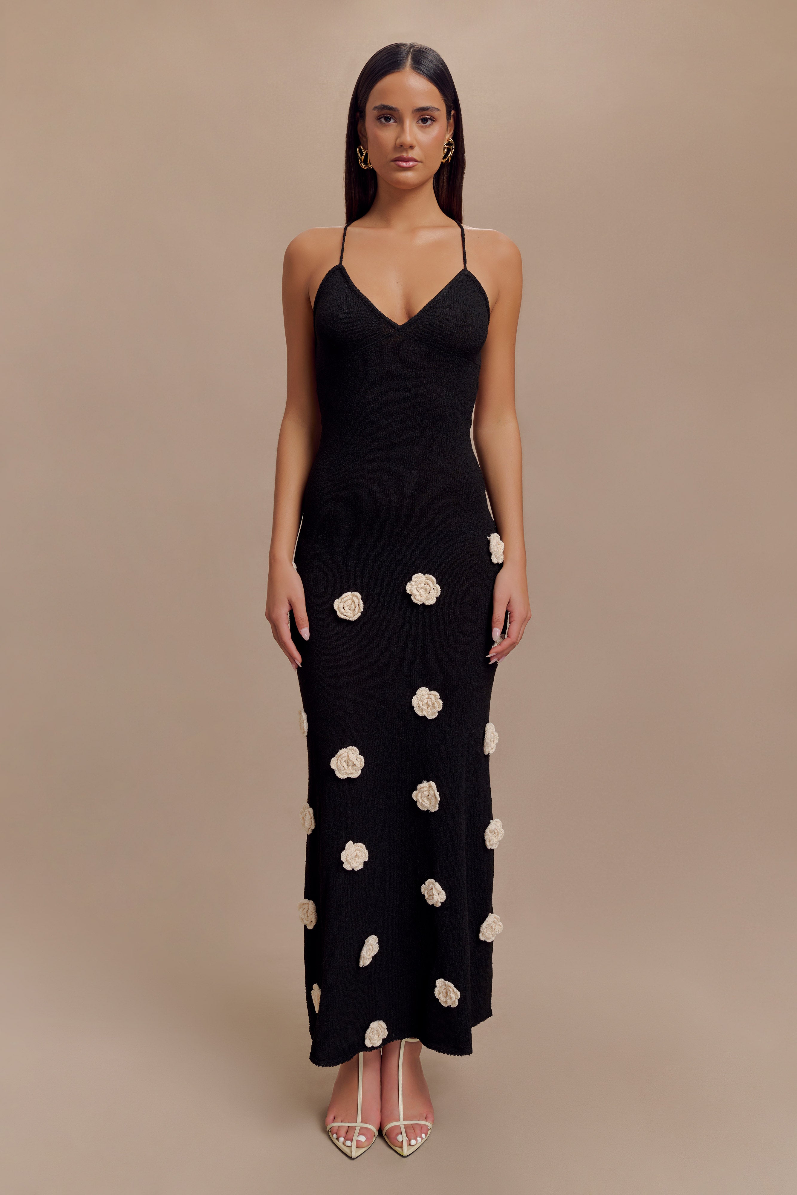 Kosheen |  Knit Maxi Dress With Flowers - Black/White