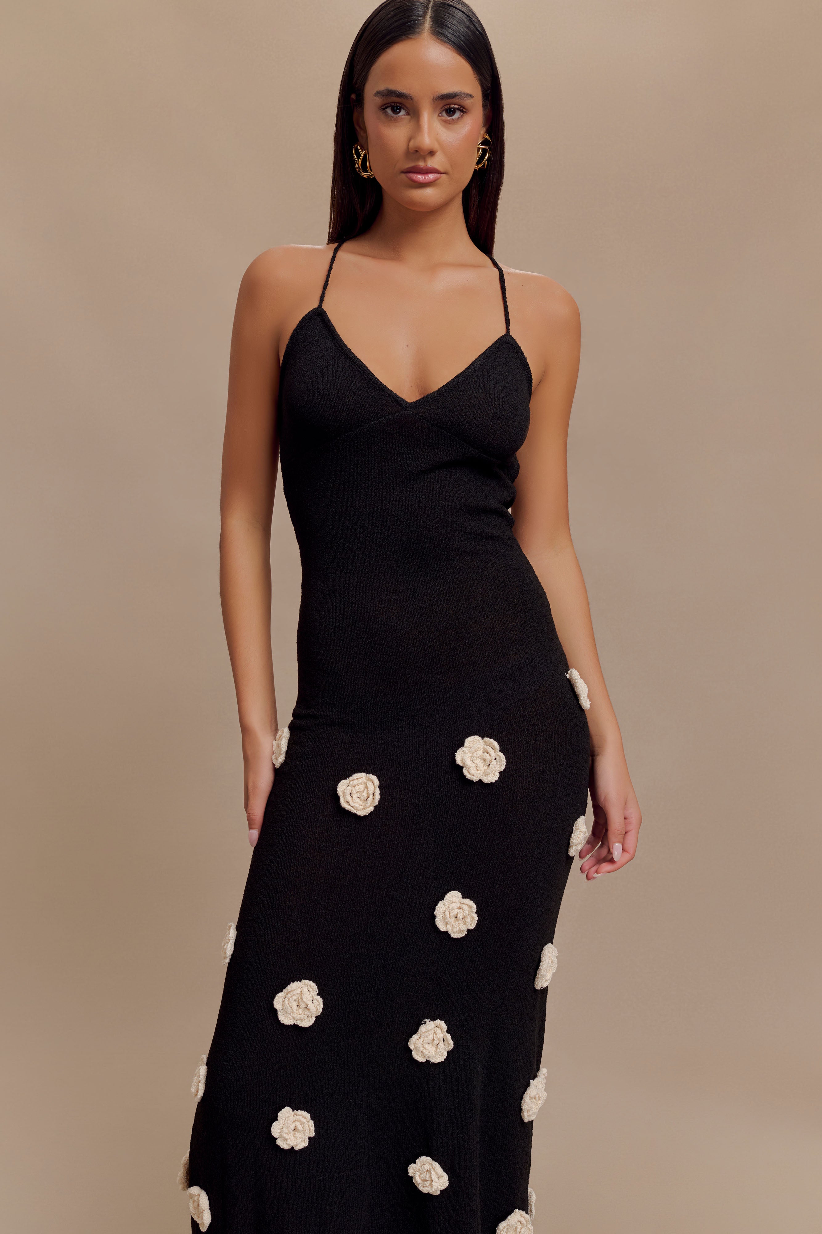 Kosheen |  Knit Maxi Dress With Flowers - Black/White