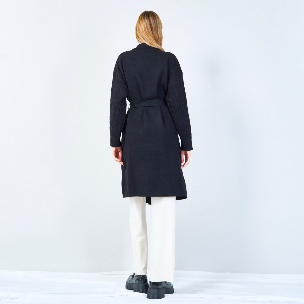 Lisanne | Long Belted Knit Coat With Textured Sleeves