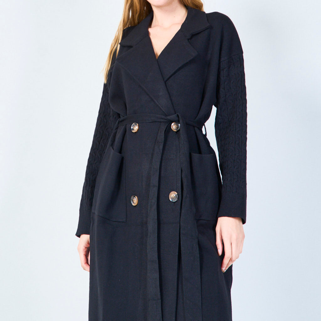 Lisanne | Long Belted Knit Coat With Textured Sleeves
