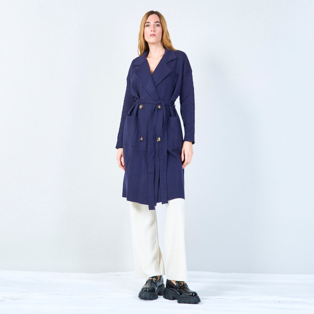 Lisanne | Long Belted Knit Coat With Textured Sleeves