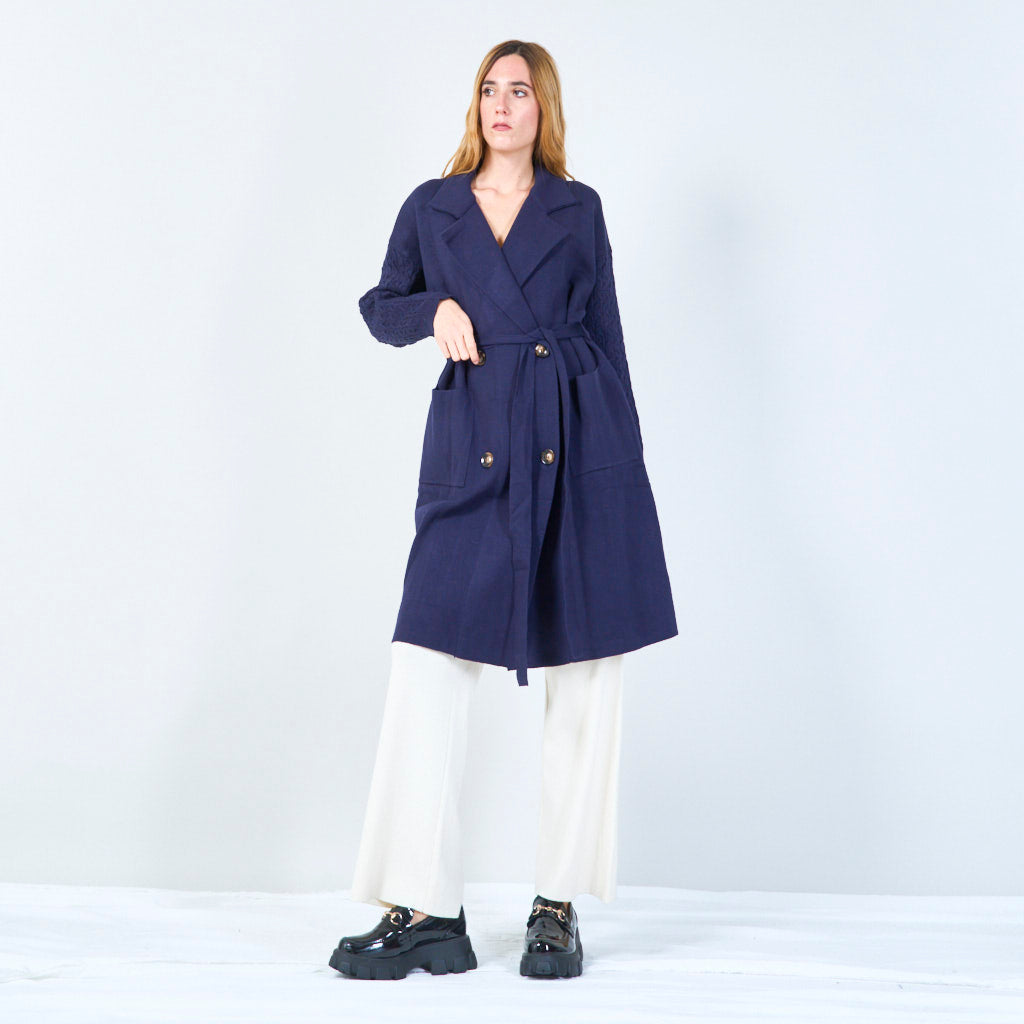 Lisanne | Long Belted Knit Coat With Textured Sleeves