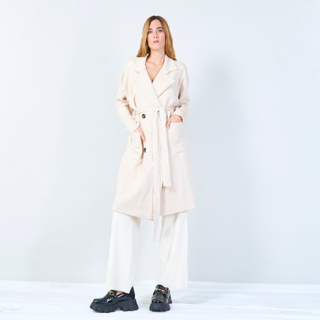 Lisanne | Long Belted Knit Coat With Textured Sleeves