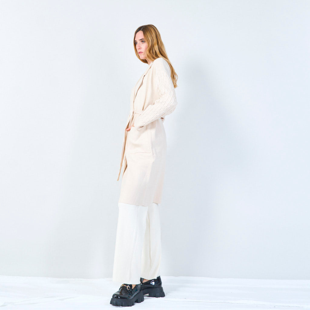 Lisanne | Long Belted Knit Coat With Textured Sleeves
