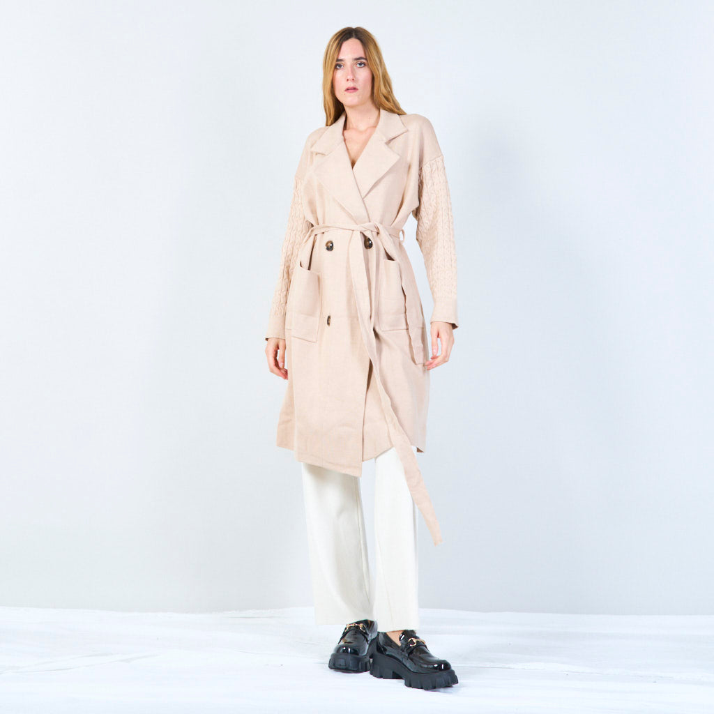 Lisanne | Long Belted Knit Coat With Textured Sleeves