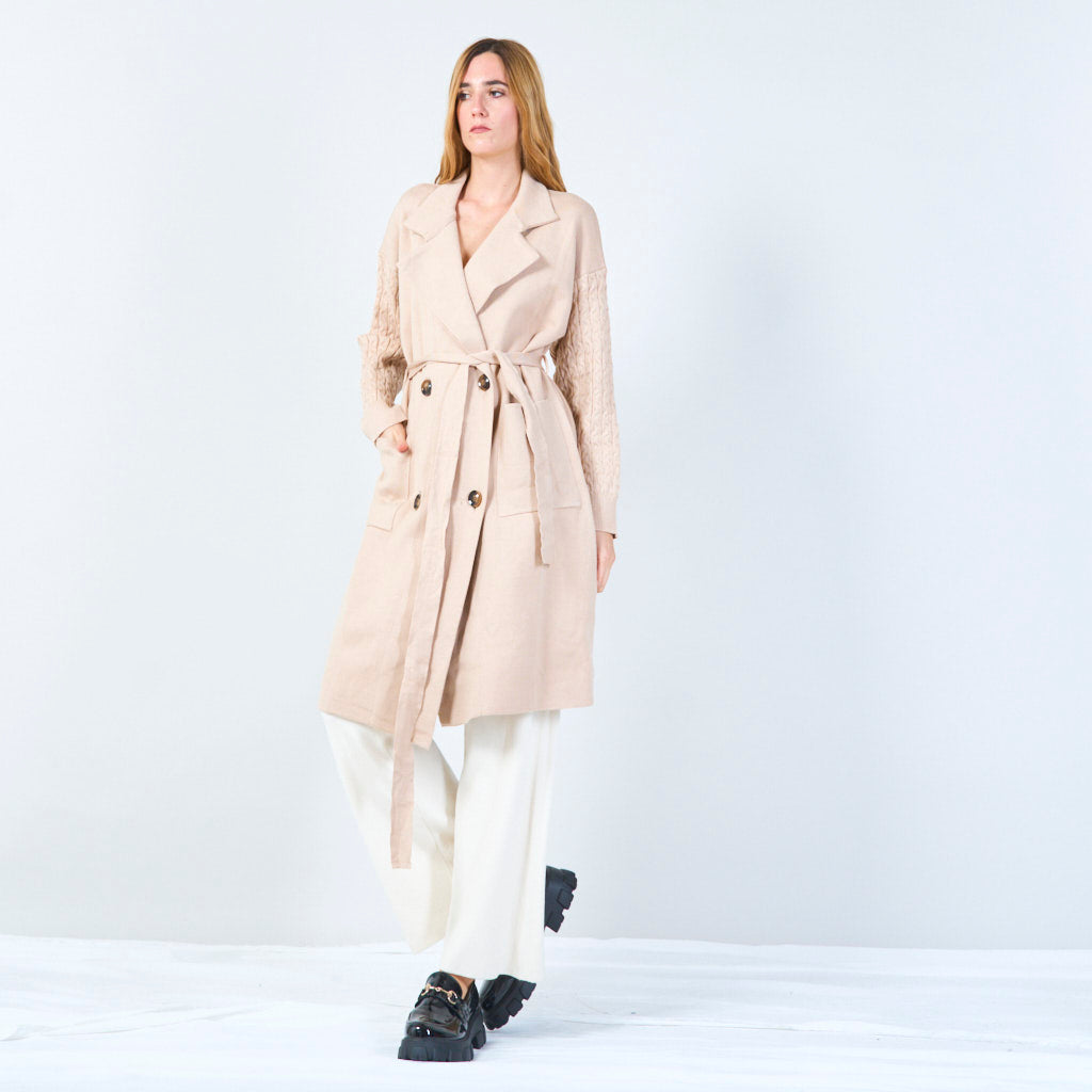Lisanne | Long Belted Knit Coat With Textured Sleeves