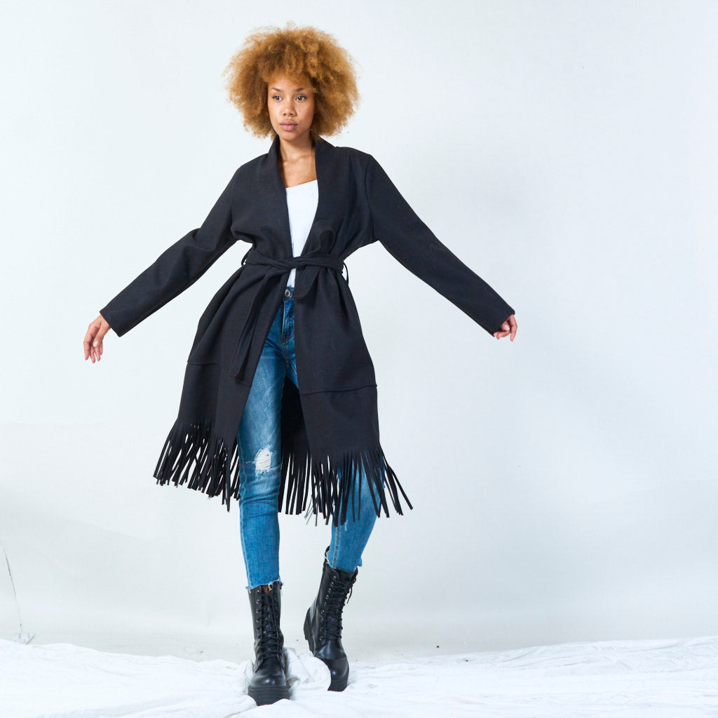 Elly | Elegant Belted Coat With Fringe Hem