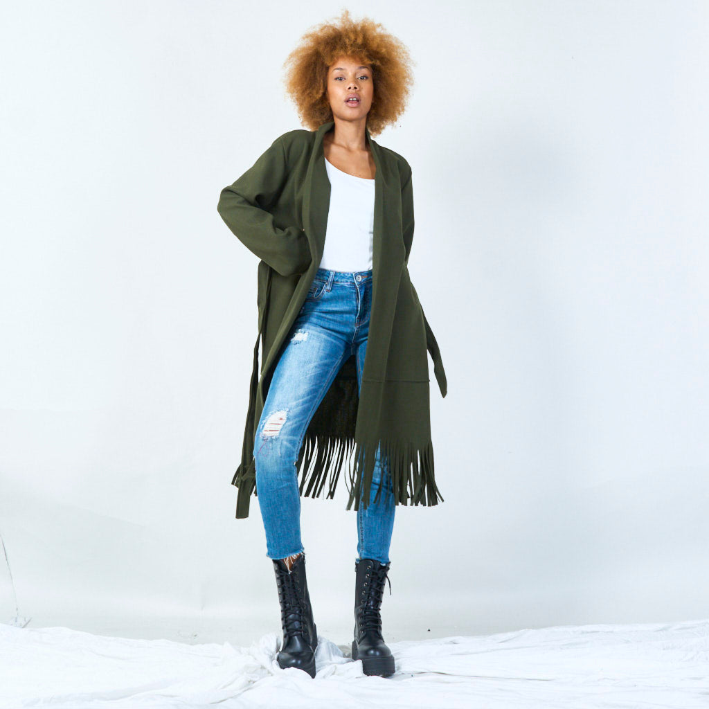 Elly | Elegant Belted Coat With Fringe Hem