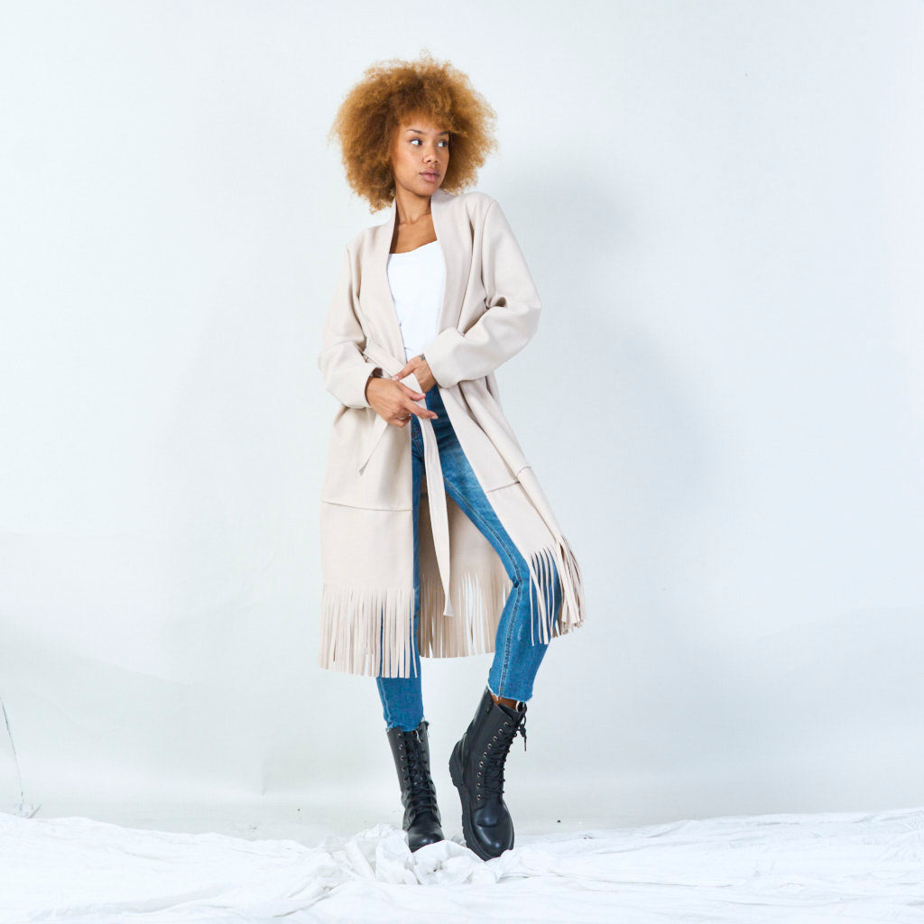 Elly | Elegant Belted Coat With Fringe Hem