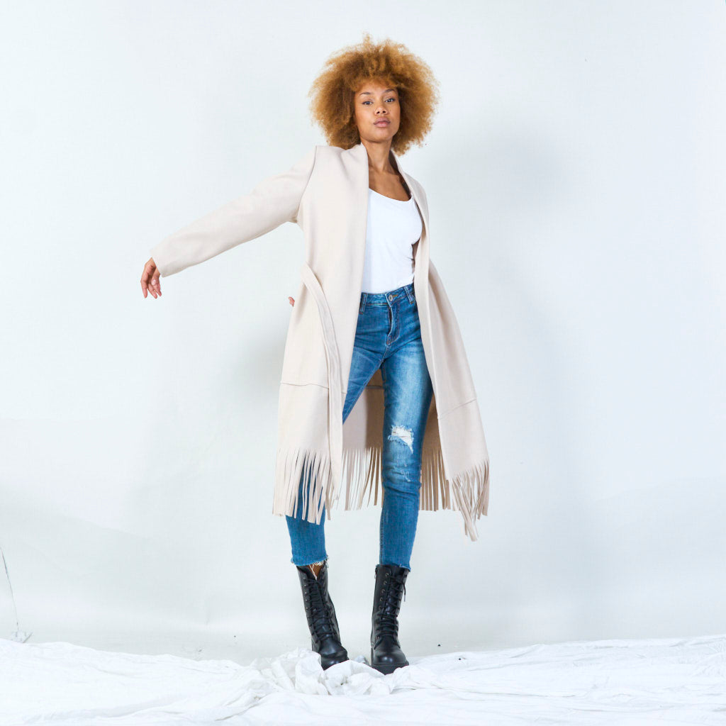 Elly | Elegant Belted Coat With Fringe Hem