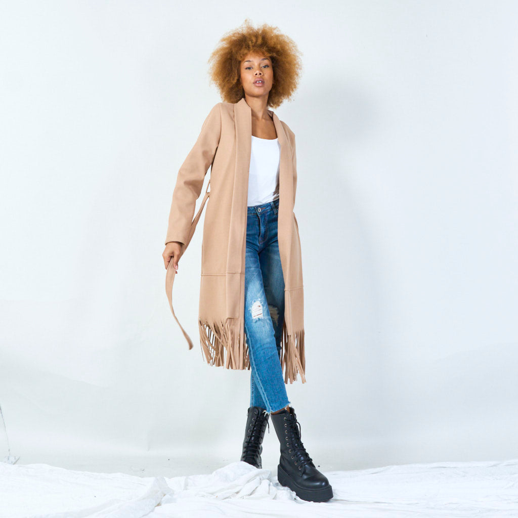 Elly | Elegant Belted Coat With Fringe Hem