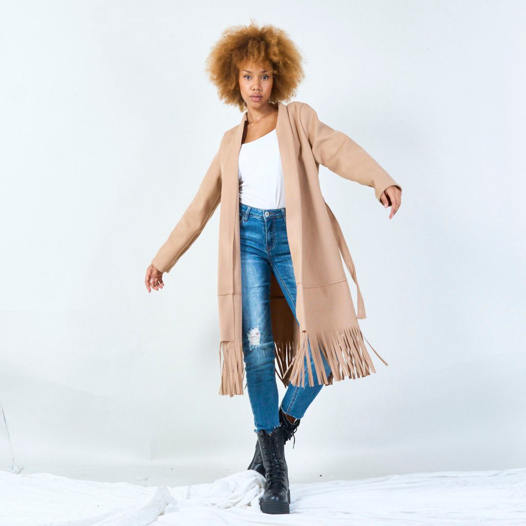 Elly | Elegant Belted Coat With Fringe Hem