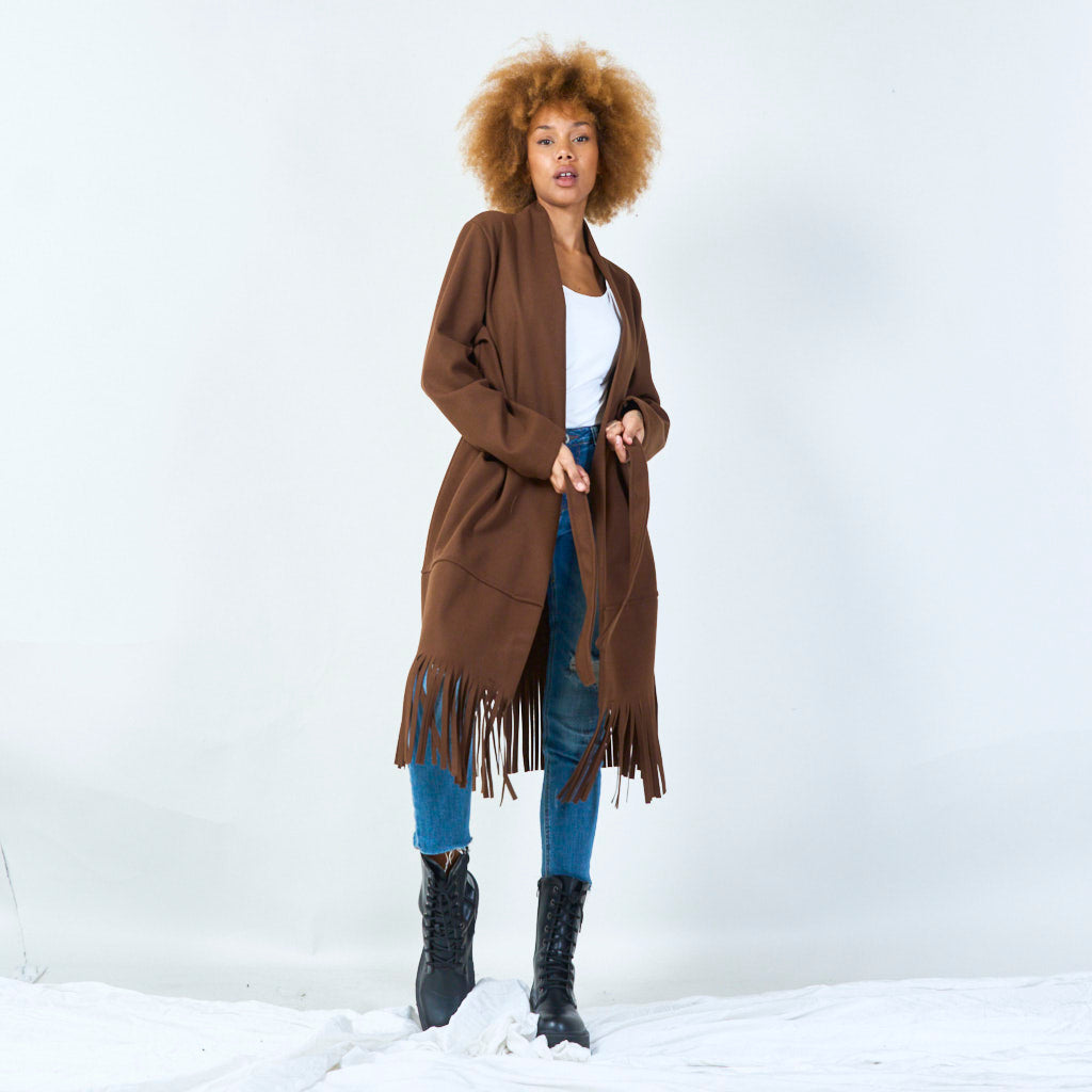 Elly | Elegant Belted Coat With Fringe Hem