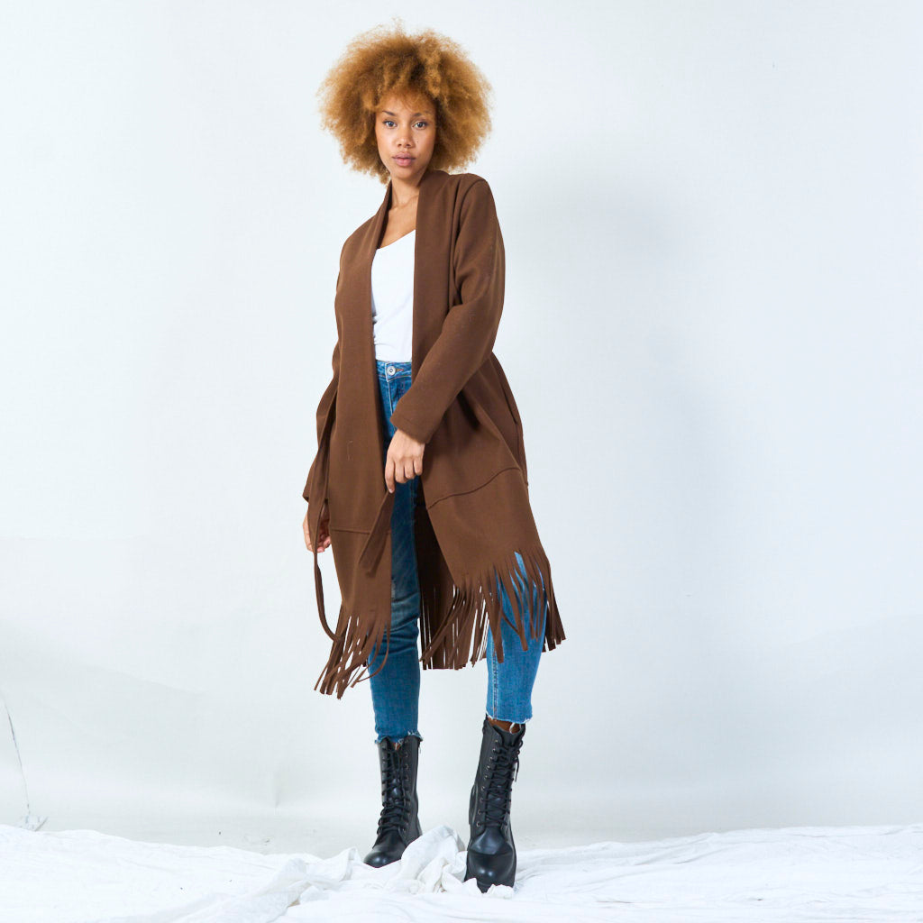 Elly | Elegant Belted Coat With Fringe Hem
