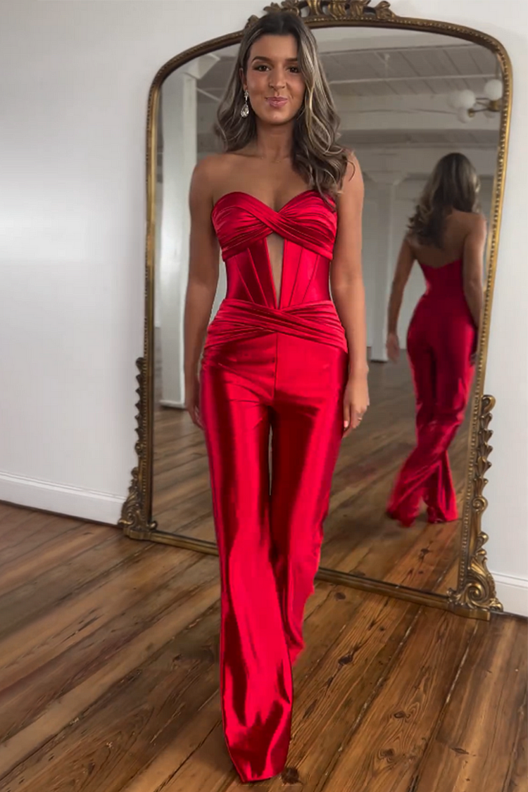 Terry | Strapless Corset Jumpsuit with Twisted Detail and Front Cutout Red/Green/Black